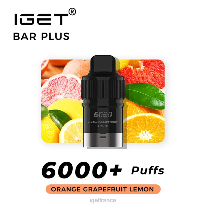 Vape France X02H380 Barre IGET sans nicotine plus pod 6000 bouffées orange pamplemousse citron