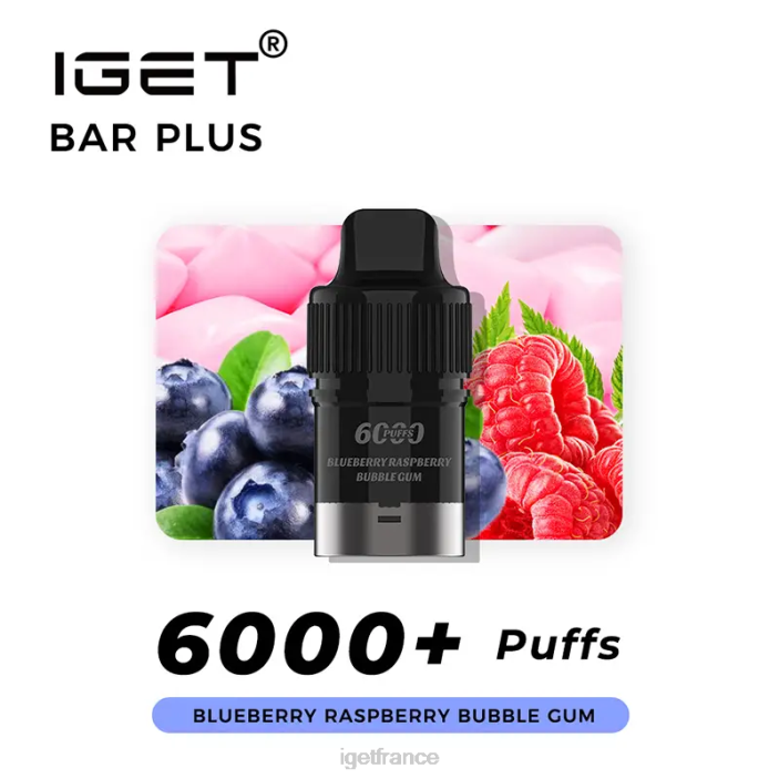 Vape X02H252 IGET bar plus pod 6000 bouffées bubble gum myrtille framboise